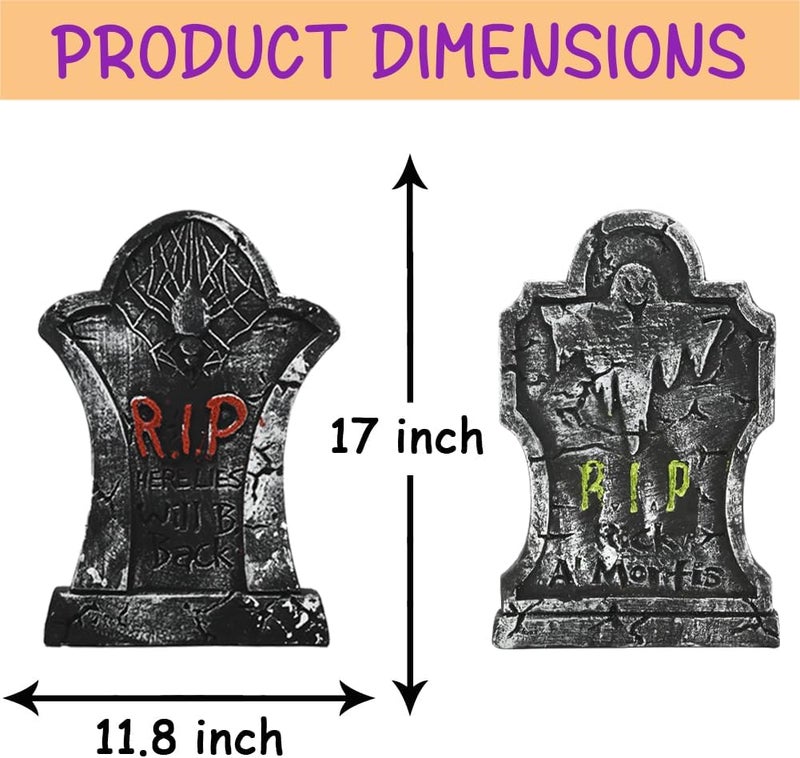 LUKBERA 5Pcs 17" Halloween Foam Tombstones, RIP Graveyard Tombstones with Bonus Metal Stakes Decorations for Halloween Lawn Yard Outdoor, Haunted House Decor - Image 4